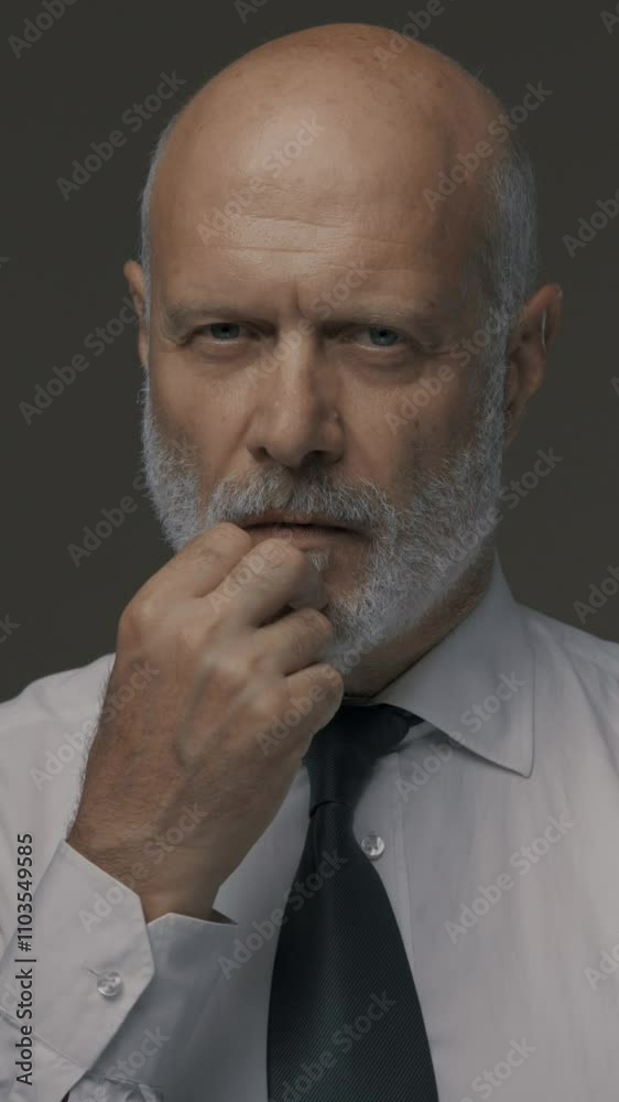 Cheerful middle-aged businessman smiling at camera and pointing upwards Cheerful middle-aged businessman smiling at camera and pointing upwards
