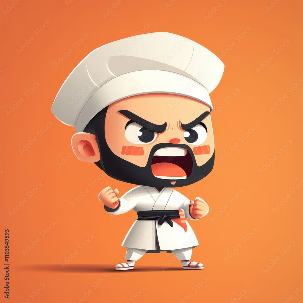 A modern flat 2D cartoon of an angry sushi chef A modern flat 2D cartoon of an angry sushi chef