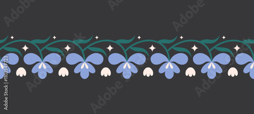 Folk floral seamless horizontal border. Traditional slavic scandinavian ornament with rustic embroidery motifs. Clean flat minimal geometric shapes in unique reflected elegant print.