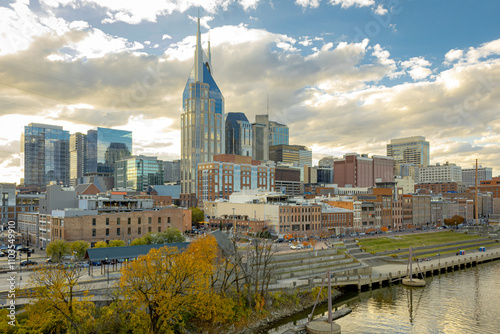 Downtown Nashville city skyline building view. Photo taken in Nashville Tennessee during a cloudy day