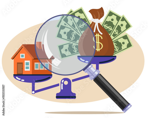 Inflation inspection. Reduce Value of Money over time, High Cost of Living due to increase in Houses price. Imbalanced scales with Sack of money, wads of banknotes and House. Vector illustration