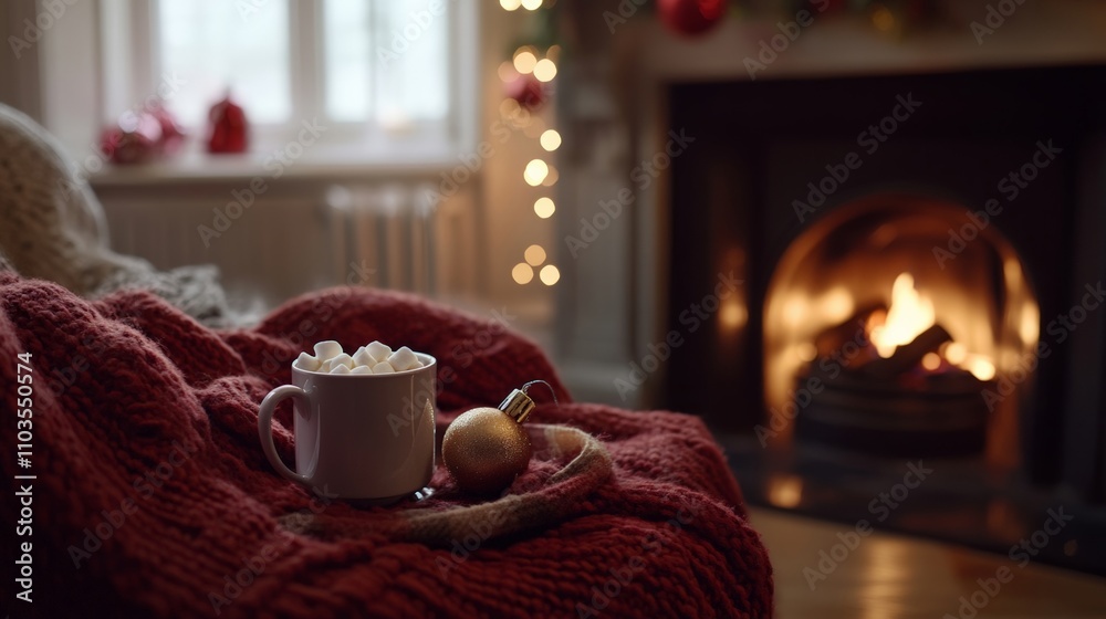 Cozy winter scene with hot chocolate and festive decorations by the fireplace Cozy winter scene with hot chocolate and festive decorations by the fireplace