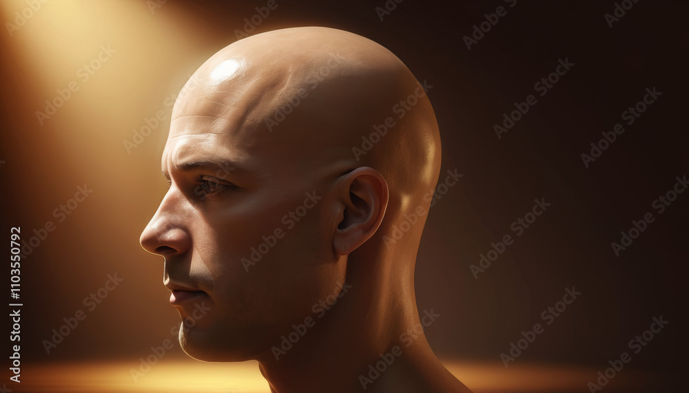 Realistic profile portrait of a bald man, showcasing smooth features and subtle lighting in a dramatic setting Realistic profile portrait of a bald man, showcasing smooth features and subtle lighting in a dramatic setting
