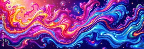 illustration of vibrant swirling shapes and wavy lines of liquid colorful blue, red and purple paint in motion with glowing multicolor effect on dark backdrop. dynamic abstract background, banner