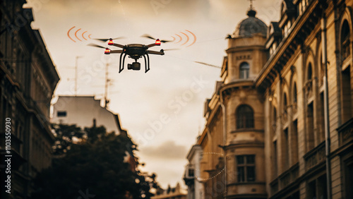 drone hovers over city street, broadcasting signals with red lights, surrounded by historic buildings under warm, cloudy sky