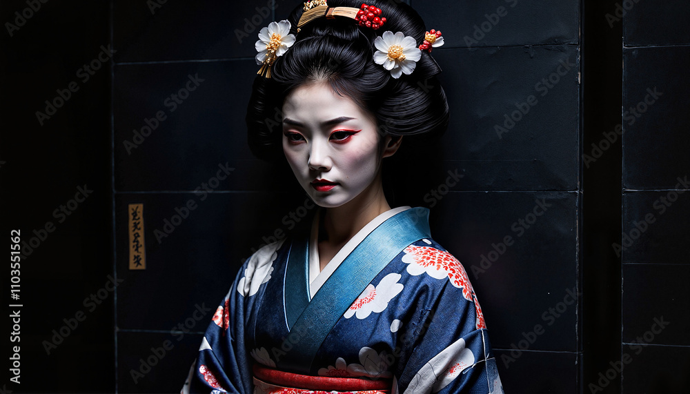 Dark Geisha portrait, mysterious and elegant, traditional beauty with a shadowy aura Dark Geisha portrait, mysterious and elegant, traditional beauty with a shadowy aura