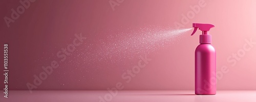 packaging protection minimalist. A sleek pink spray bottle is shown against a matching background, emitting a fine mist, suggesting a freshening or cleaning product.