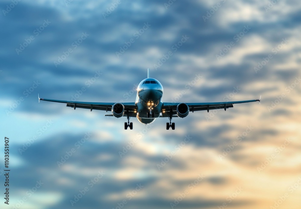 An aircraft gliding through the evening sky, painted with sunset colors. An aircraft gliding through the evening sky, painted with sunset colors.