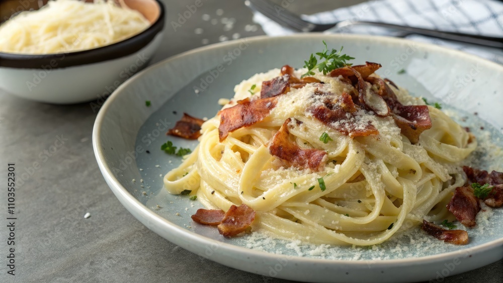 Delicious Pasta Carbonara: A Culinary Delight on a Grey Table, Perfect for Food Lovers and Recipe Enthusiasts, Capturing Italian Cuisine in Style Delicious Pasta Carbonara: A Culinary Delight on a Grey Table, Perfect for Food Lovers and Recipe Enthusiasts, Capturing Italian Cuisine in Style