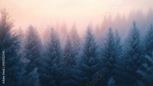 The first light of dawn touching the tops of trees in a quiet, frozen forest.