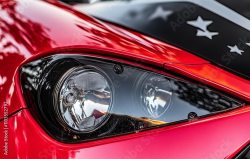 Sleek contours of a red sports car emphasizing its dynamic headlights. photo