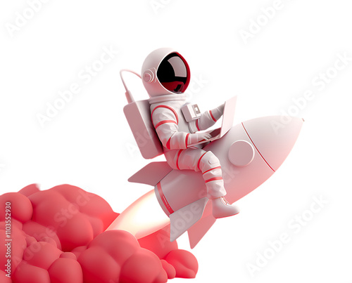 Creative 3D illustration of an astronaut sitting on a rocket with a laptop, representing innovation, technology, and exploration Transparent PNG.