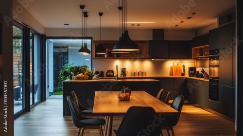 Interior of modern open plan kitchen with dining table and glowing lamps