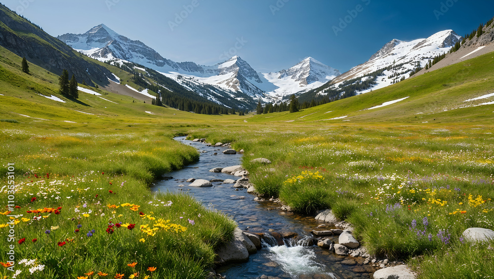 Breathtaking mountain valley with colorful wildflowers and a serene stream in a sunny landscape Breathtaking mountain valley with colorful wildflowers and a serene stream in a sunny landscape