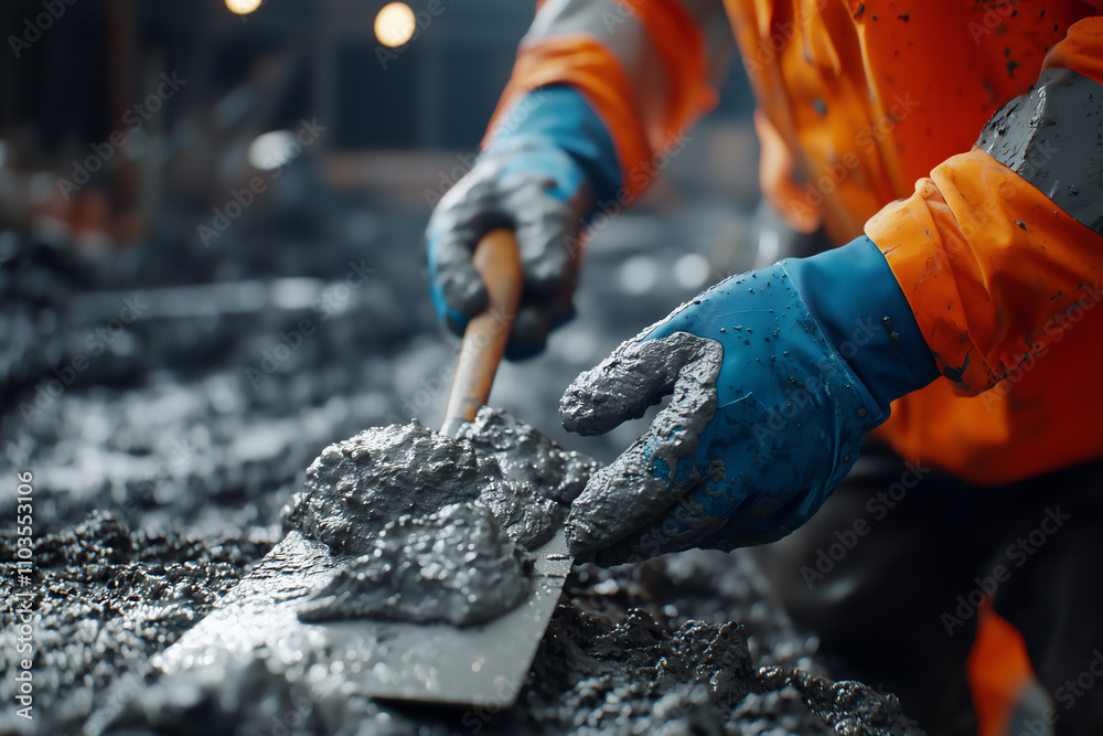 Worker mixing wet cement with trowel, construction site process, manual labor, industrial workwear, civil engineering project, blue gloves, close-up detail, heavy-duty task. Worker mixing wet cement with trowel, construction site process, manual labor, industrial workwear, civil engineering project, blue gloves, close-up detail, heavy-duty task.