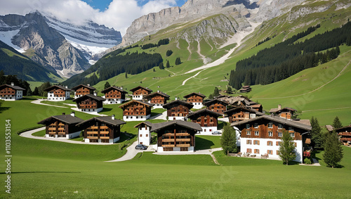 Beautiful mountain village nestled in the Alpine landscape with chalets and lush green fields during daylight