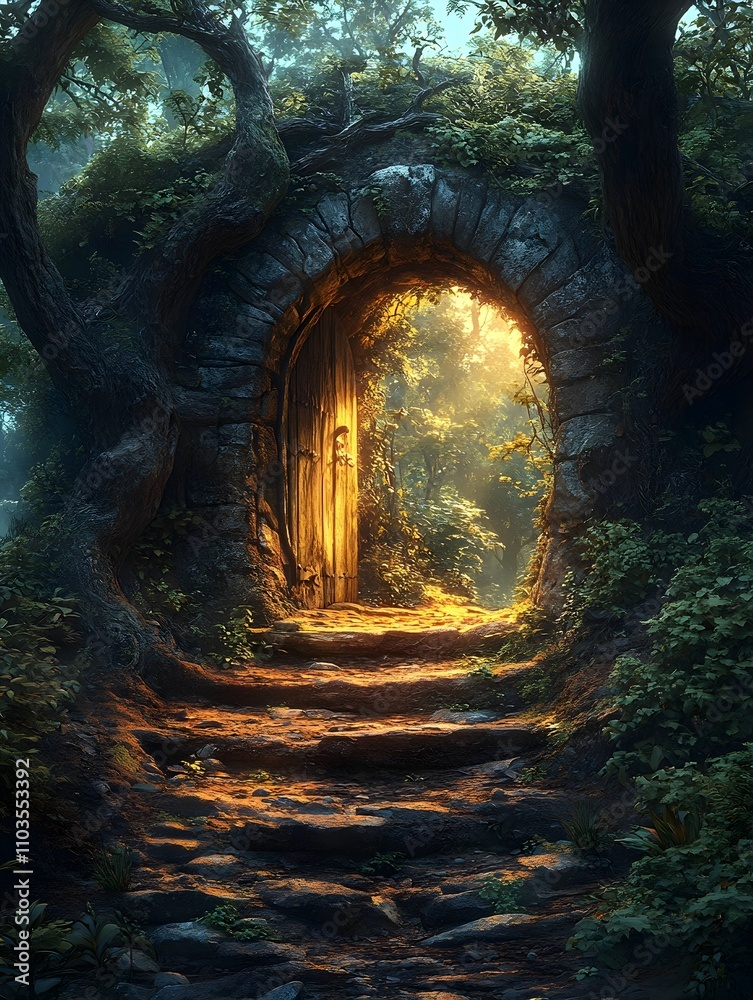 Fototapeta premium A surreal decorated gateway to the past opening to light sweet memories