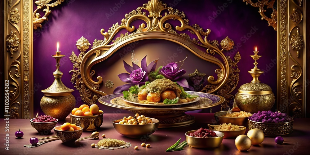 Obraz premium Elegant Food Photography Featuring a Purple Banner Adorned with Gold Ornate Ornaments, Perfect for Luxurious Culinary Presentations and Gourmet Menus