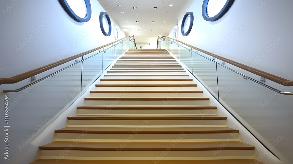 Fototapeta premium A modern staircase leads upward, featuring circular windows and a sleek design.