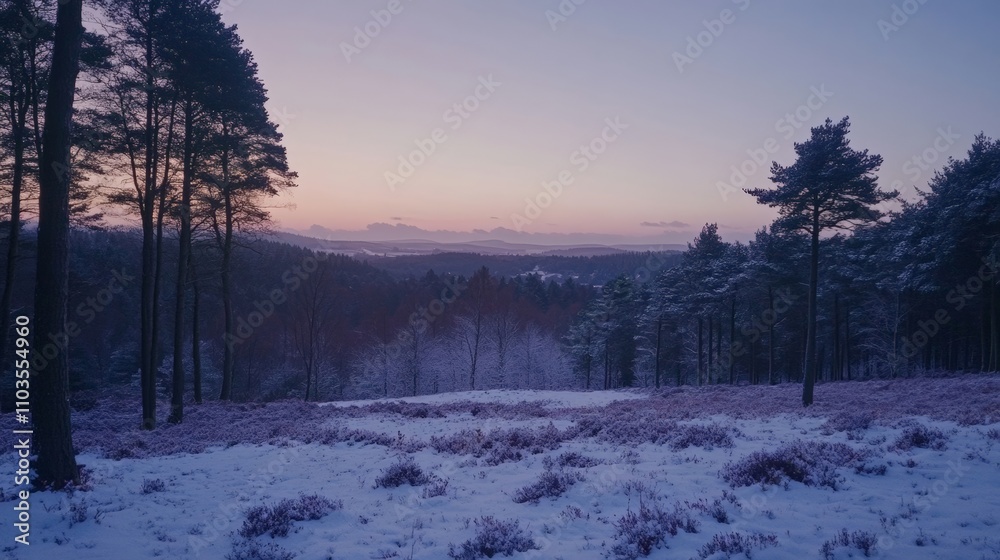 Tranquil Winter Landscape at Dusk with Snow-Covered Pines and Purple Heathers Tranquil Winter Landscape at Dusk with Snow-Covered Pines and Purple Heathers