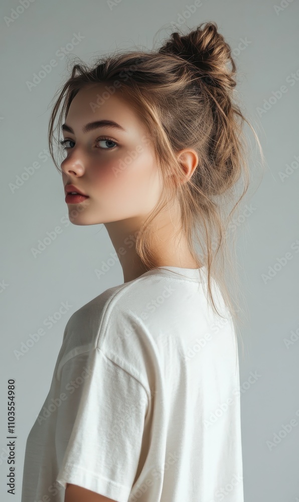 Young Woman with Casual Elegance in Minimalist Portrait Young Woman with Casual Elegance in Minimalist Portrait