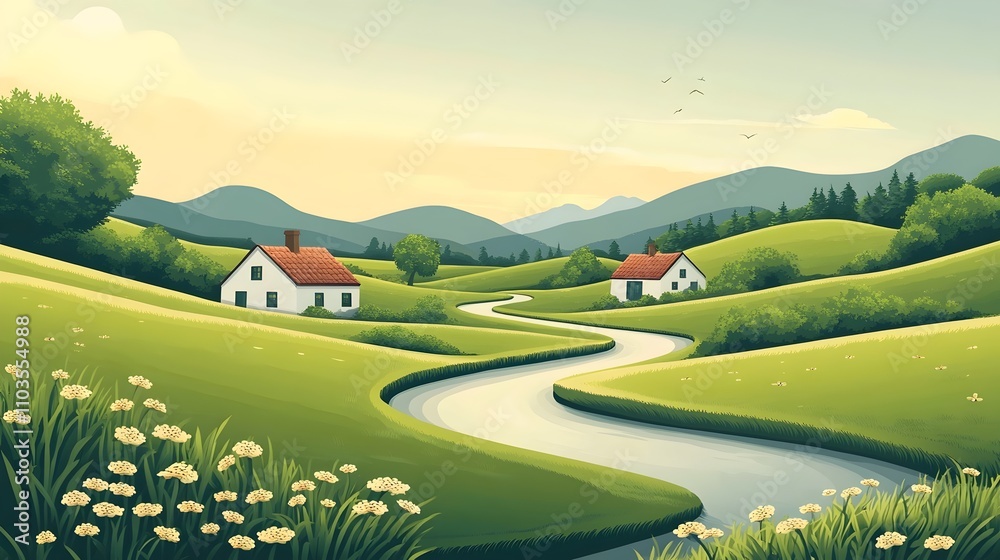 A peaceful countryside scene with two white houses and a winding road A peaceful countryside scene with two white houses and a winding road