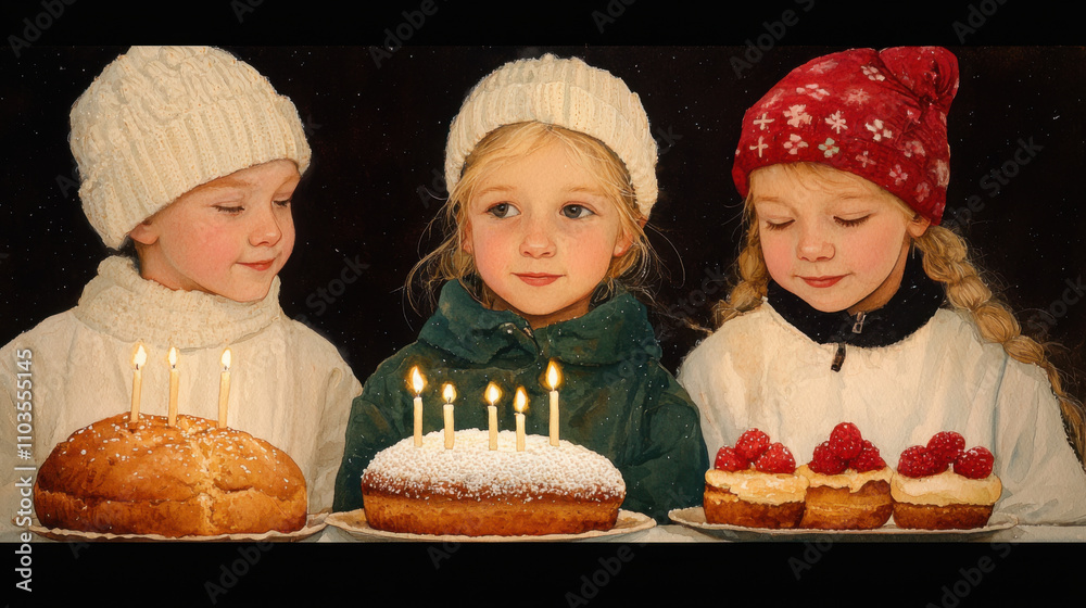 Three children celebrate with cakes and candles, joyfully smiling Three children celebrate with cakes and candles, joyfully smiling