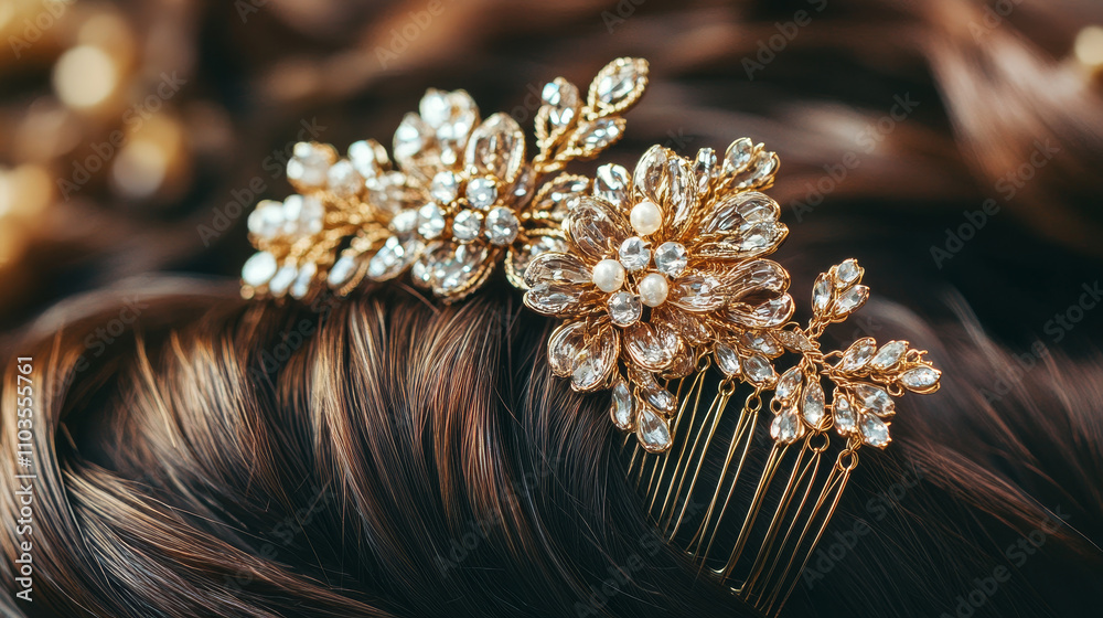 A delicate wedding comb designed for adorning a bride's hairstyle, intricately crafted with an array of shimmering precious stones such as diamonds, sapphires, and pearls. A delicate wedding comb designed for adorning a bride's hairstyle, intricately crafted with an array of shimmering precious stones such as diamonds, sapphires, and pearls.