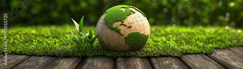 Global warming concept. globe covered in green moss symbolizes environmental awareness and sustainability photo