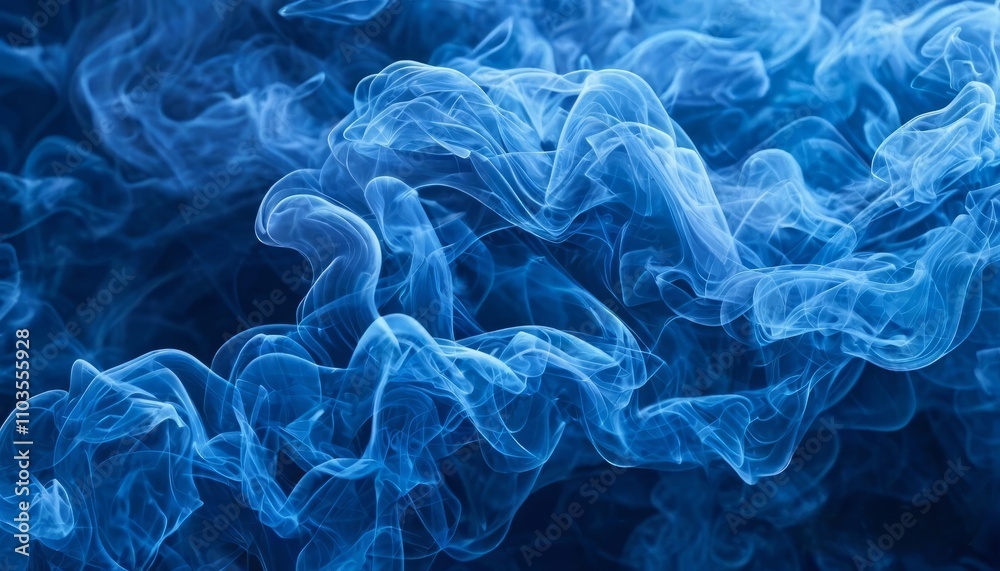 Fototapeta premium Vibrant blue smoke swirling against a black background creates a mesmerizing and abstract artistic effect, perfect for creative designs and digital backgrounds.