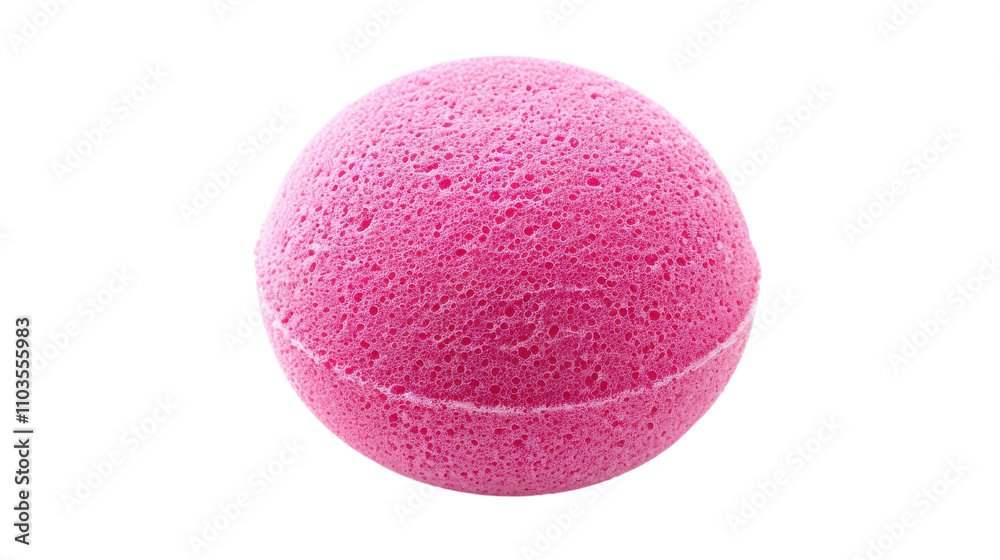 Bright pink bath bomb resting on a white surface, showcasing its texture and spherical shape for relaxation during bath time. Bright pink bath bomb resting on a white surface, showcasing its texture and spherical shape for relaxation during bath time.