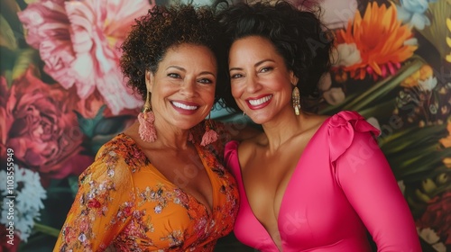 Radiant Female Power Couple Embracing 35 Years of Synergy and Elegance in Vibrant Dresses with Bold Smiles