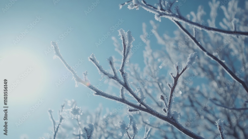 Frosty branches shimmer under bright sunlight in a clear winter sky, bringing calm and beauty to the cold season. Frosty branches shimmer under bright sunlight in a clear winter sky, bringing calm and beauty to the cold season.