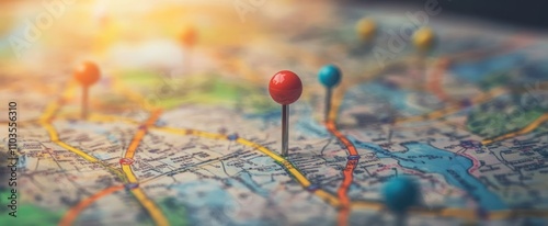 Location marking with a pin on a map with routes. Find your way. Adventure, discovery, navigation, communication, logistics, geography, transport and travel theme concept background.
