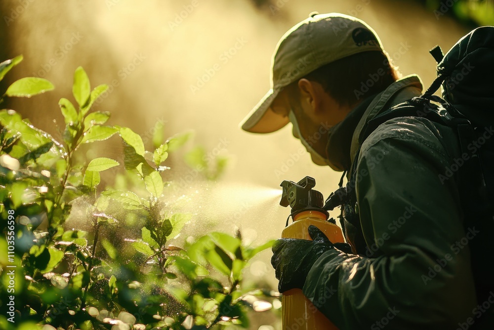 Naklejka premium Spraying Insecticide in a Garden Setting