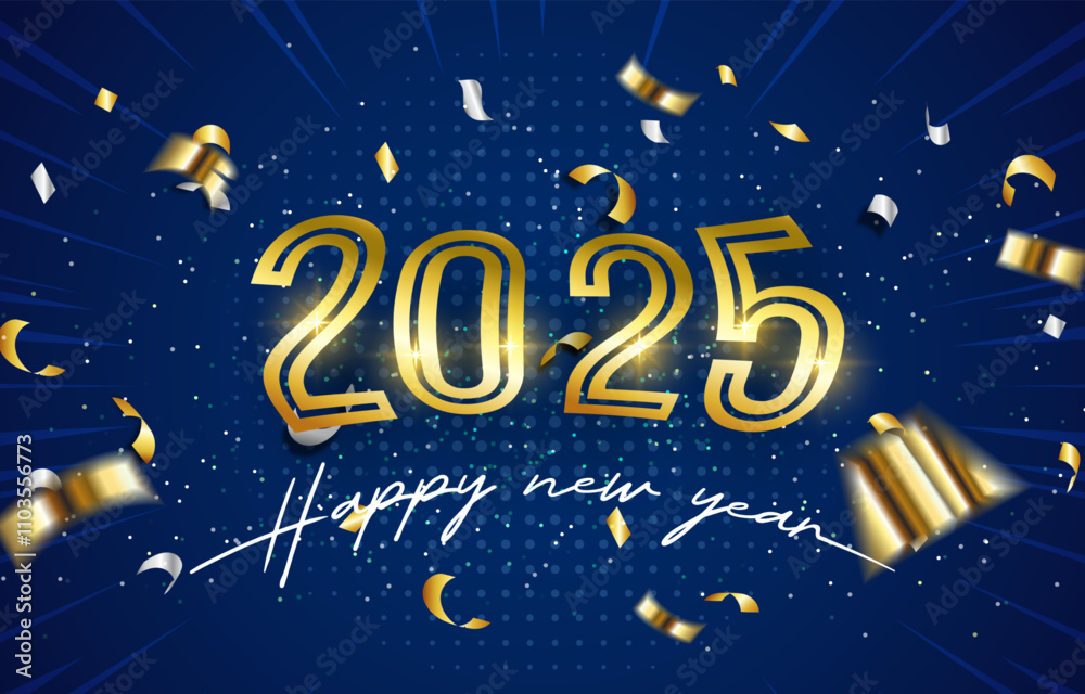 Naklejka premium 2025 happy new year template banner with modern 3d text effect and beautiful sparkle luxury shiny ornament abstract gradient blue background design 42