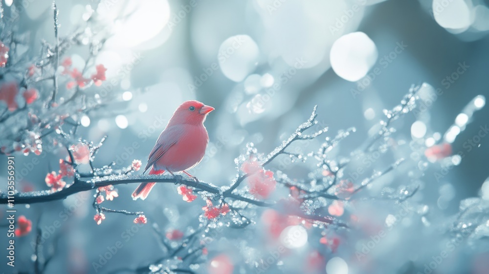 A vibrant red bird perched on a branch, surrounded by delicate blossoms and a soft, dreamy background of light and color. A vibrant red bird perched on a branch, surrounded by delicate blossoms and a soft, dreamy background of light and color.
