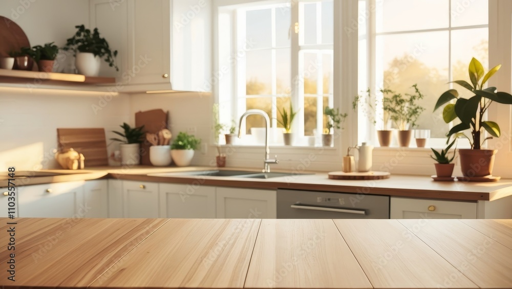 Wooden table top wit blurred modern scandinavian white kitchen Wooden table top wit blurred modern scandinavian white kitchen