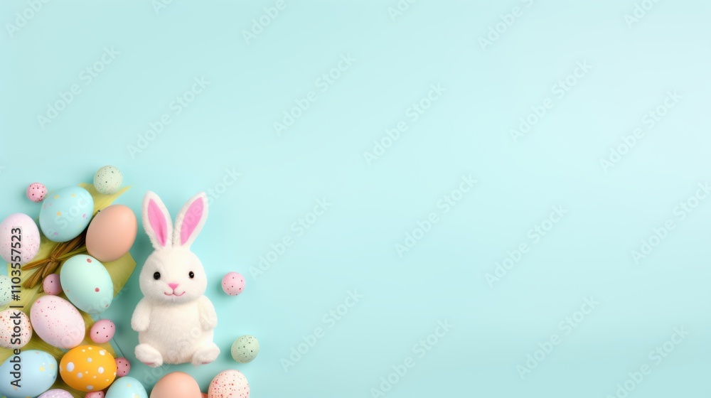 White Plush Bunny with Easter Eggs on a Light Blue Background, radiating the Joy and Warmth of Springtime.
