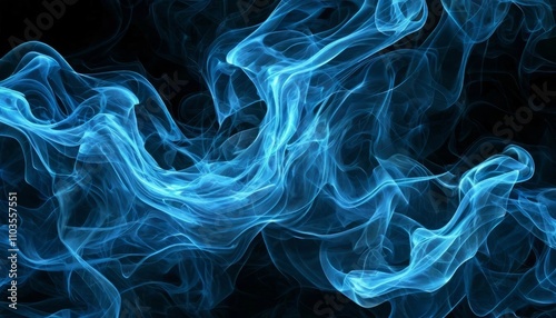 Vibrant blue smoke swirling against a black background creates a mesmerizing and abstract artistic effect, perfect for creative designs and digital backgrounds.