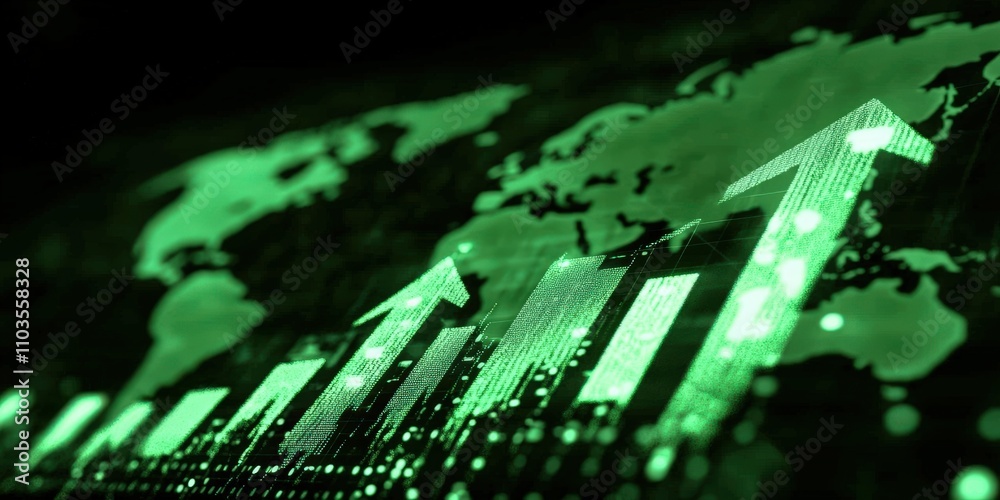 Green Stock Market Graph with Upward Arrows Indicating Growth Trends on Digital Display with World Map Background Green Stock Market Graph with Upward Arrows Indicating Growth Trends on Digital Display with World Map Background