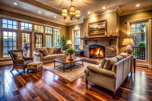 Elegant Living Room Interior with Hardwood Floors and Roaring Fireplace in a Luxury Home, Showcasing an Inviting Entry and Front Door in Warm, Ambient Lighting