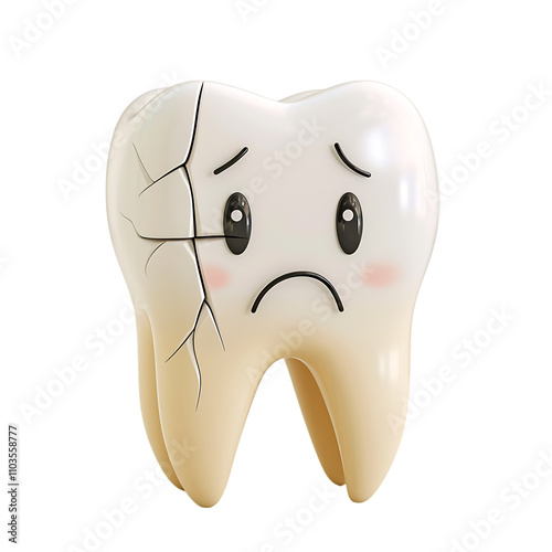 Adorable cartoon broken tooth with expressive emotions and cracks, suitable for dental care concepts, educational material, and humor designs, Transparent PNG.
