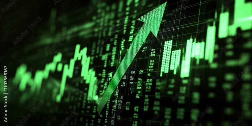 Green Stock Market Graph Showing Rising Trend with an Upward Arrow on Digital Financial Display Background for Investment Analysis. Global Stock market rally or recovery concept.stock, cryptocurrency Green Stock Market Graph Showing Rising Trend with an Upward Arrow on Digital Financial Display Background for Investment Analysis. Global Stock market rally or recovery concept.stock, cryptocurrency