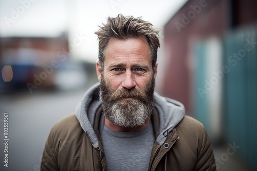 Portrait of a handsome bearded man with long gray beard and mustache in a urban context