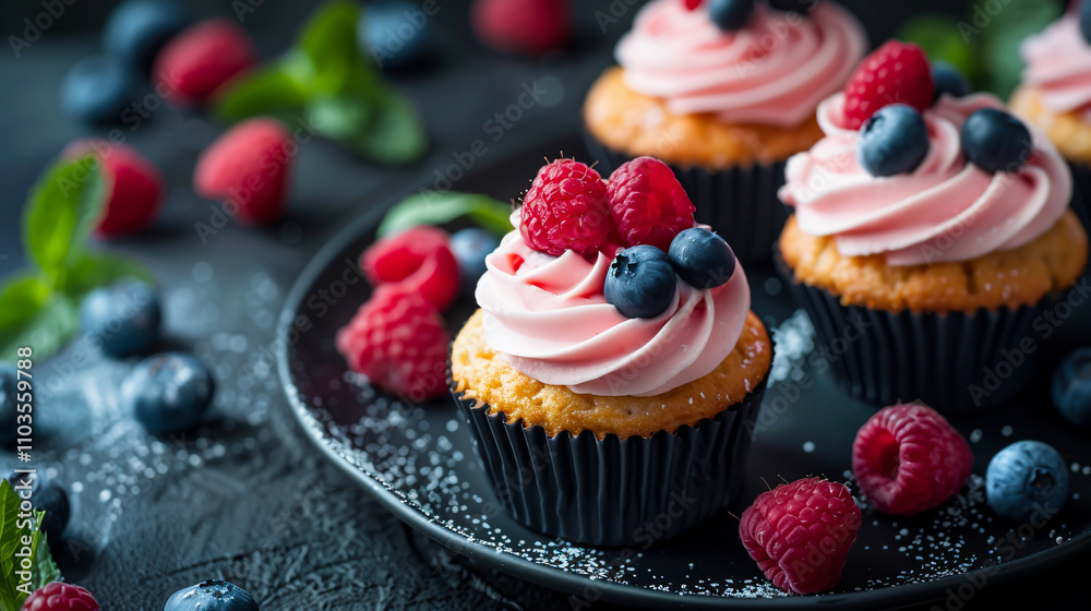Plate of delicious cupcakes topped with blueberries, raspberries, and mint against a black background. Plate of delicious cupcakes topped with blueberries, raspberries, and mint against a black background.