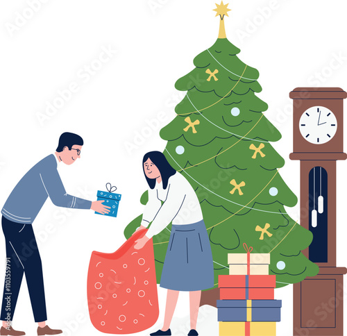 A man and a woman are opening a Christmas present