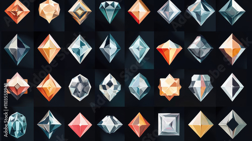 A set of icons representing various diamond cut shapes, depicted in a flat design style photo