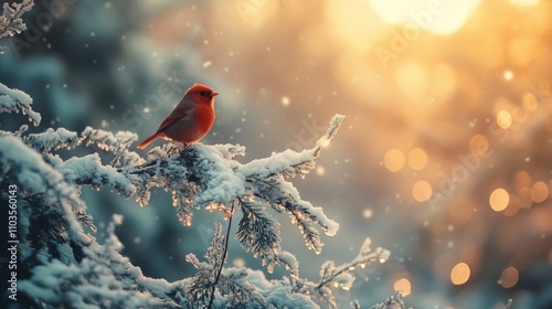 A vibrant red bird perched on a snowy branch, glowing in the soft light of a winter sunset. Nature shines in this serene moment.