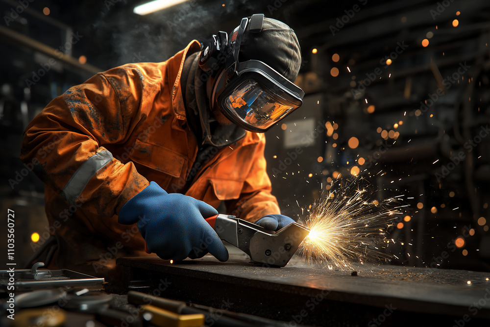 Welder creating sparks, protective gear, industrial workshop, metal fabrication process, precision welding, safety goggles, orange jacket, close-up detail. Welder creating sparks, protective gear, industrial workshop, metal fabrication process, precision welding, safety goggles, orange jacket, close-up detail.